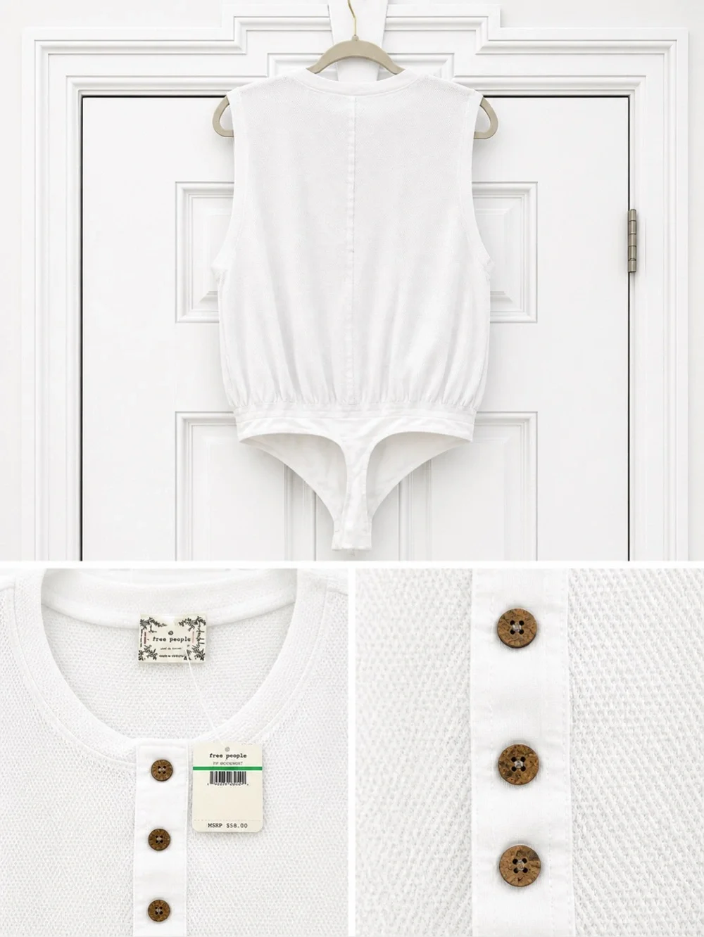 Free People Peek Aye Bodysuit White Buttons Sleeveless Cotton L NWT - Picture 7 of 7